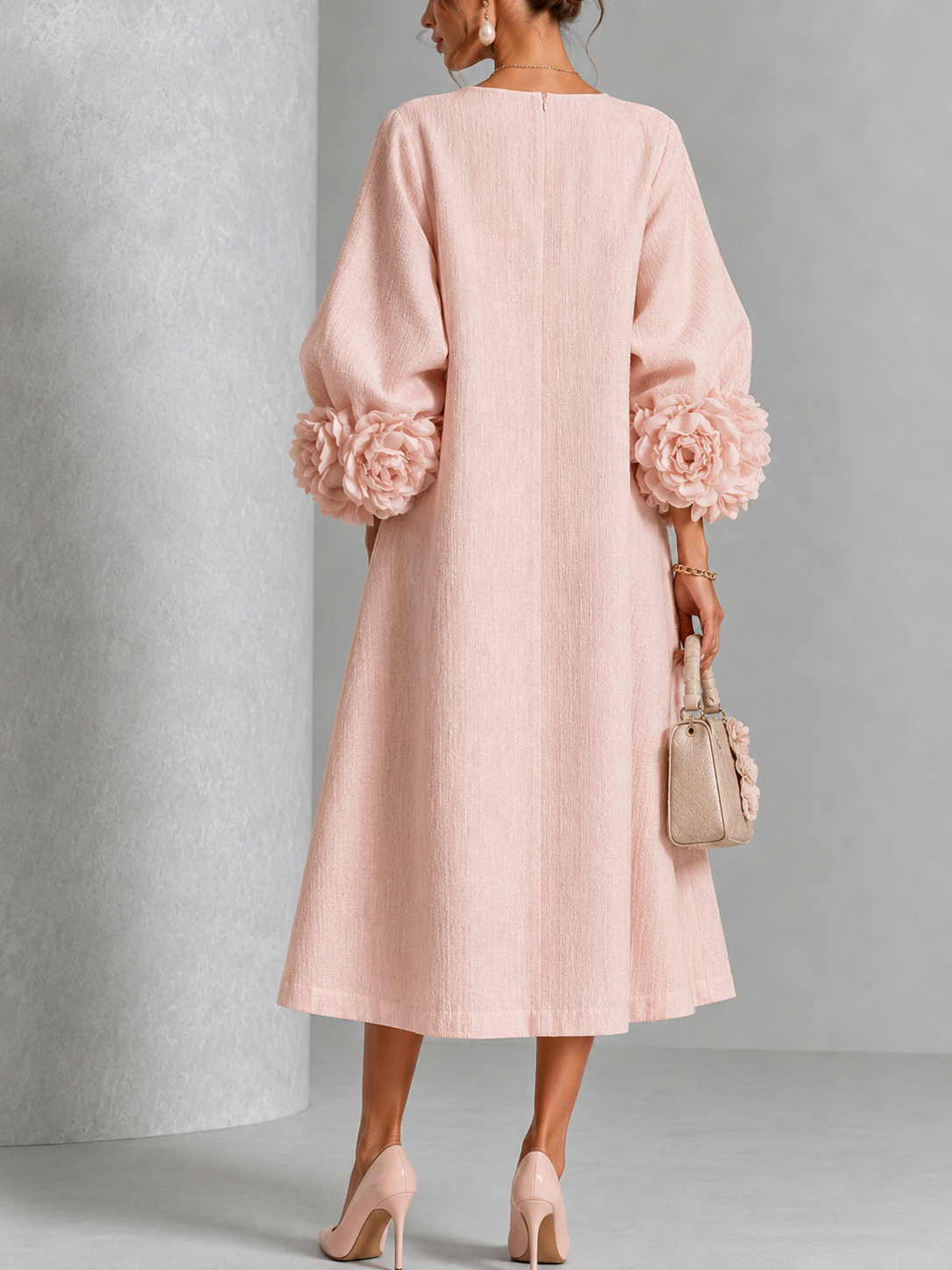 Pink Floral Button-down Midi Dress With Striking Floral Cuffs