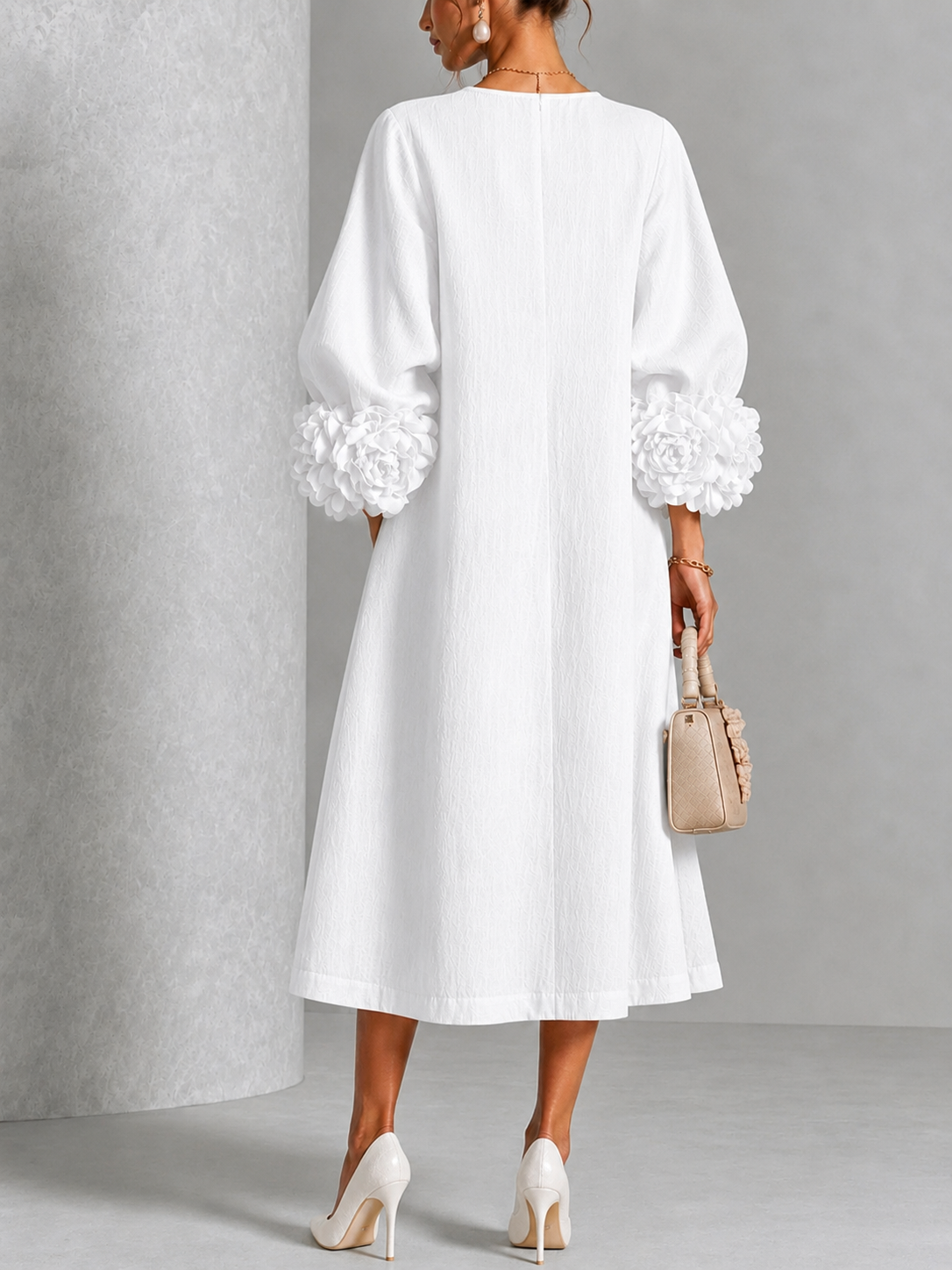 White Floral Button-down Midi Dress With Striking Floral Cuffs