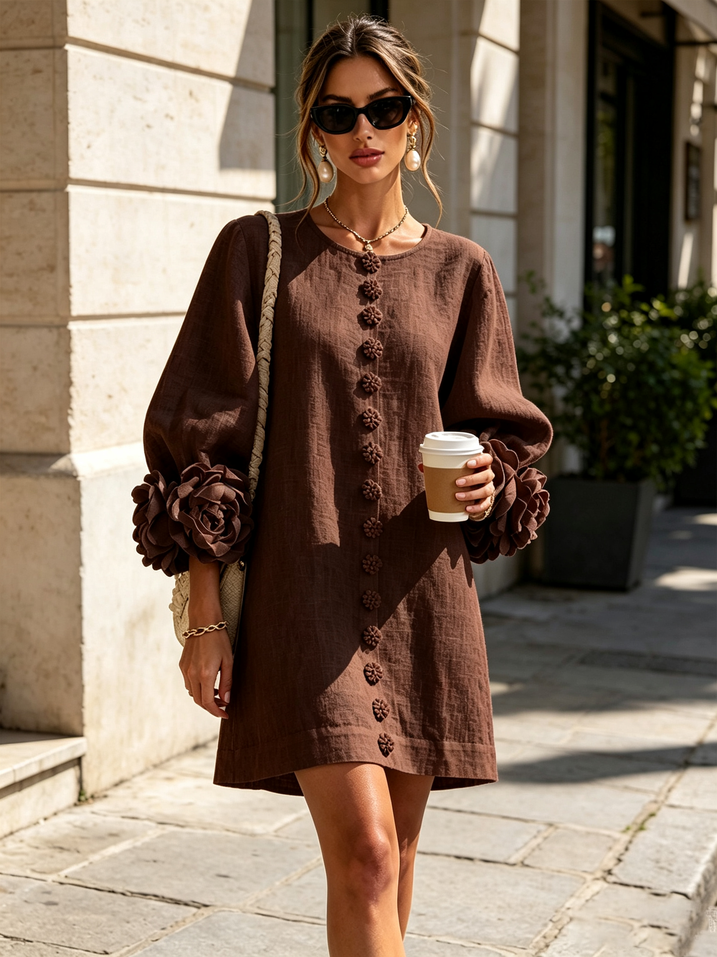 Brown Floral Button-down Mini Dress With Striking Floral Cuffs