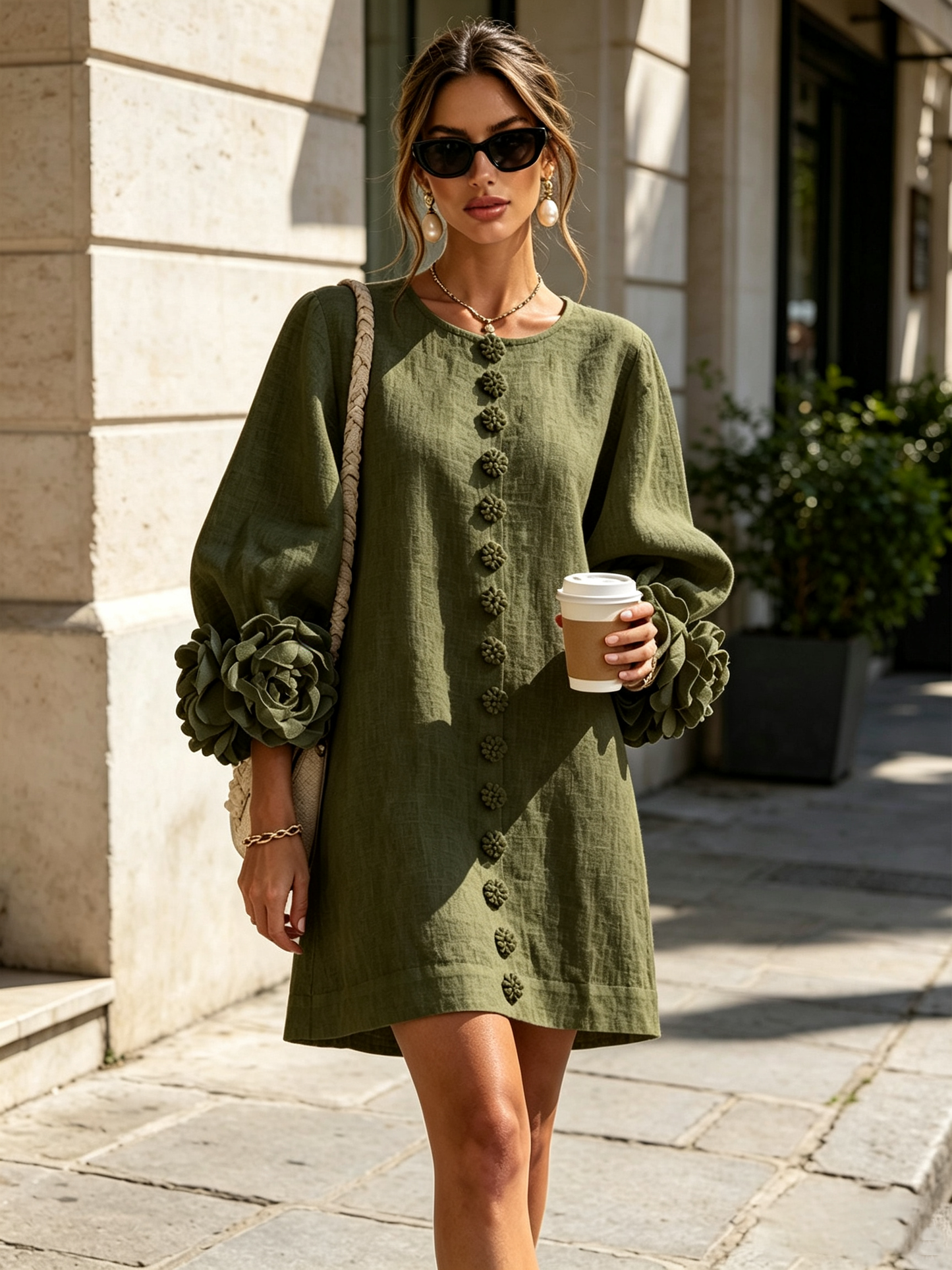 Olive green Floral Button-down Mini Dress With Striking Floral Cuffs