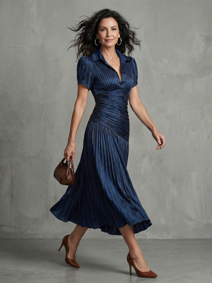 Bella | Pleated Waistline Stripe Midi Dress