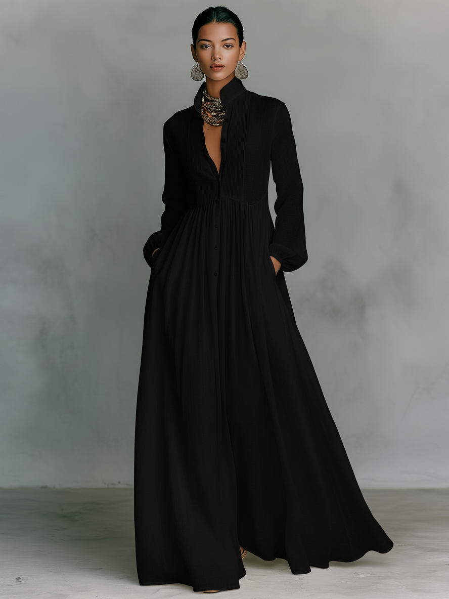 ESSENTIAL - Minimalist Maxi Dress in Cotton and Linen with Patchwork, High Collar and Long Sleeves