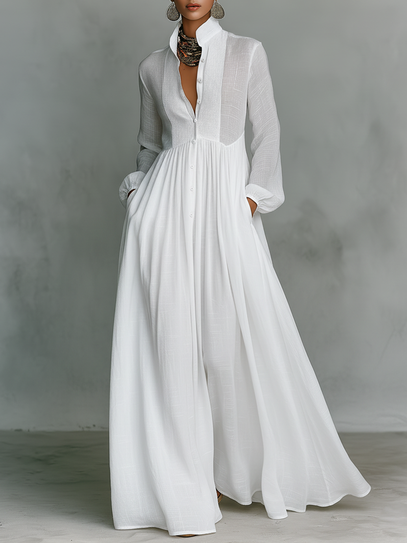 ESSENTIAL - Minimalist Maxi Dress in Cotton and Linen with Patchwork, High Collar and Long Sleeves