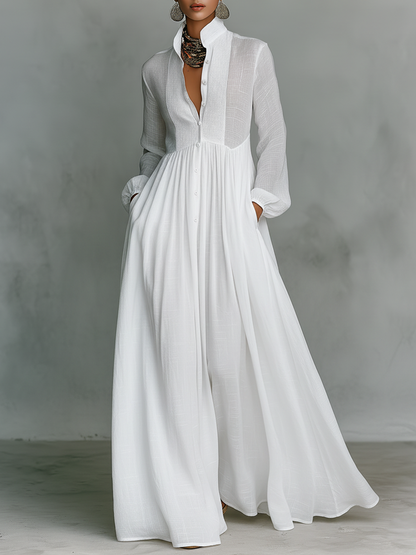 ESSENTIAL - Minimalist Maxi Dress in Cotton and Linen with Patchwork, High Collar and Long Sleeves