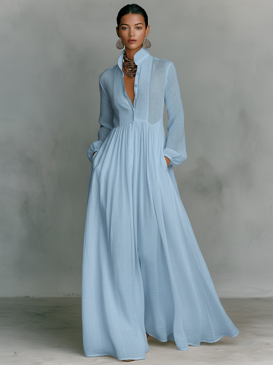 ESSENTIAL - Minimalist Maxi Dress in Cotton and Linen with Patchwork, High Collar and Long Sleeves
