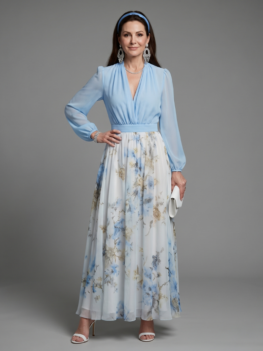 Augusta | V Neck Sheer Bodice Floral Maxi Dress