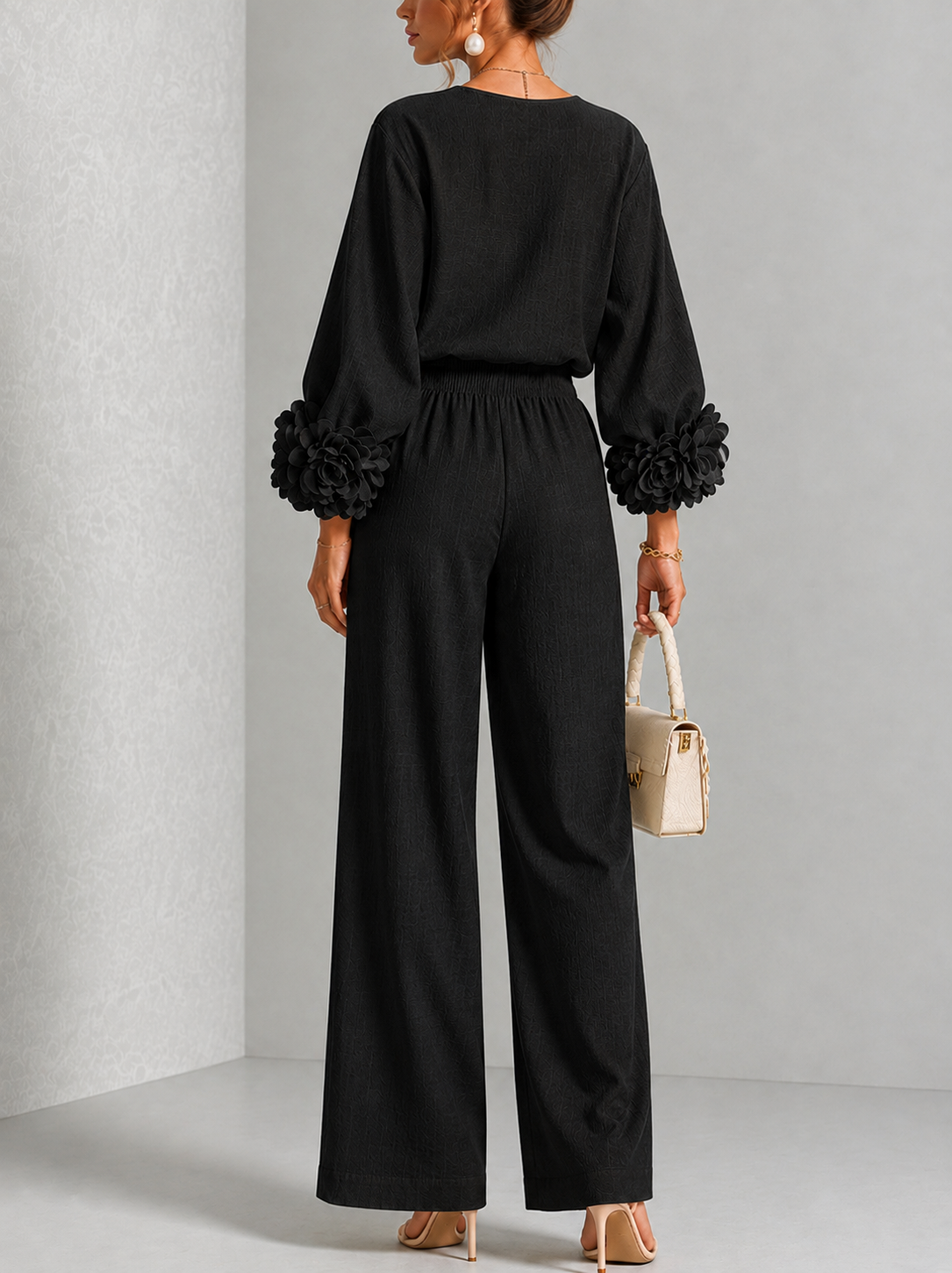 Black | FLORAL CUFF TWO-PIECE SET