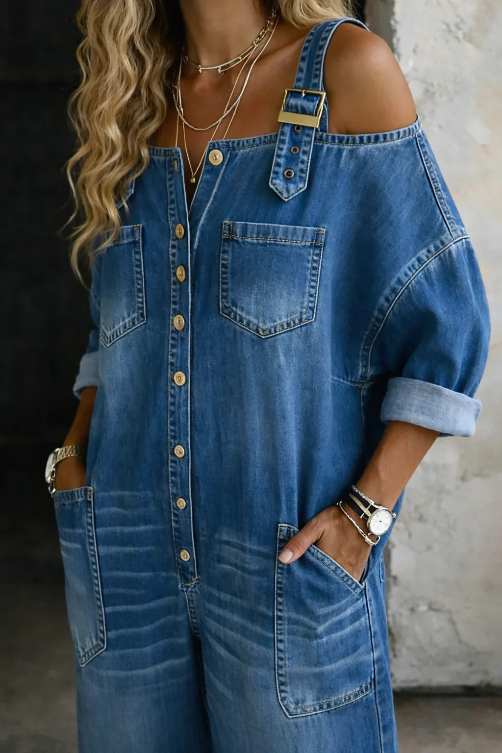 Stephanie | Off Shoulder Denim Shirt Jumpsuit