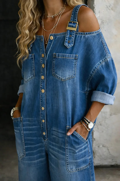 Stephanie | Off Shoulder Denim Shirt Jumpsuit