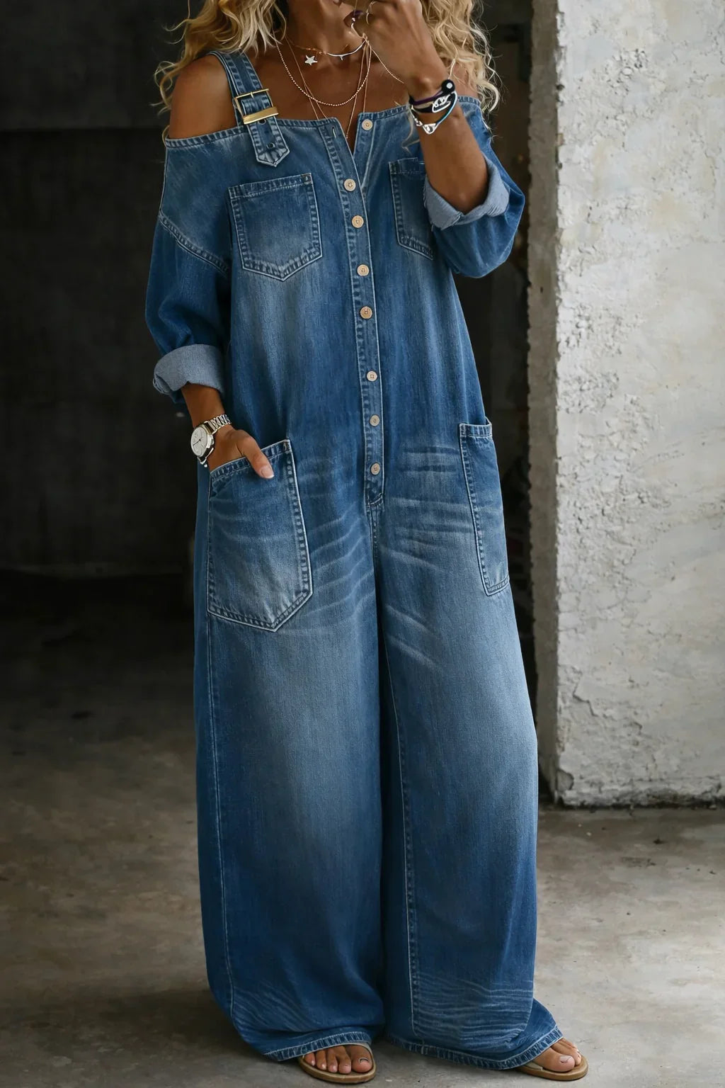 Stephanie | Off Shoulder Denim Shirt Jumpsuit