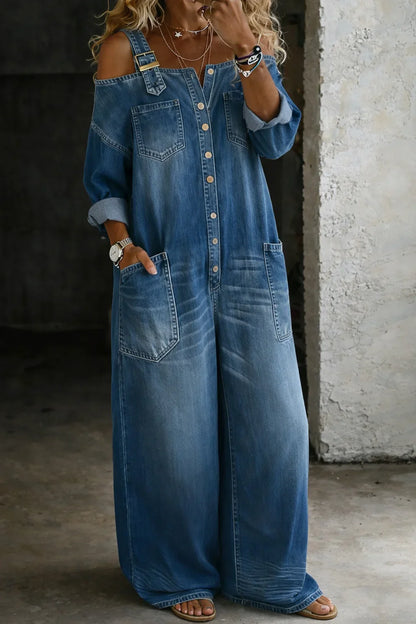 Stephanie | Off Shoulder Denim Shirt Jumpsuit