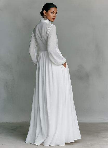 ESSENTIAL - Minimalist Maxi Dress in Cotton and Linen with Patchwork, High Collar and Long Sleeves