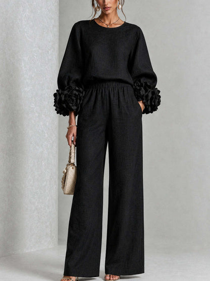 Black | FLORAL CUFF TWO-PIECE SET