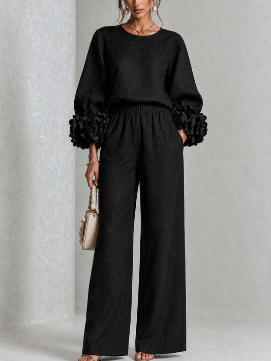 Black | FLORAL CUFF TWO-PIECE SET