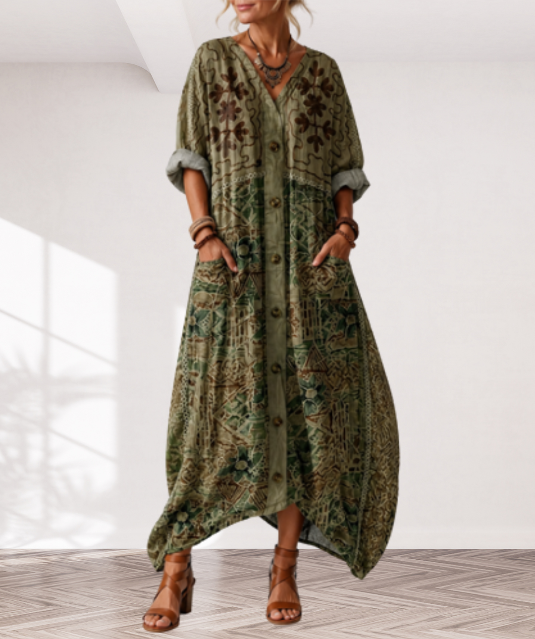 Aleta | Button Front Oversized Pocket Midi Dress