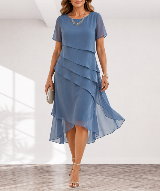 Carol | Wedding guest Chiffon Midi Dress with Tiered Skirt and Short Sleeves