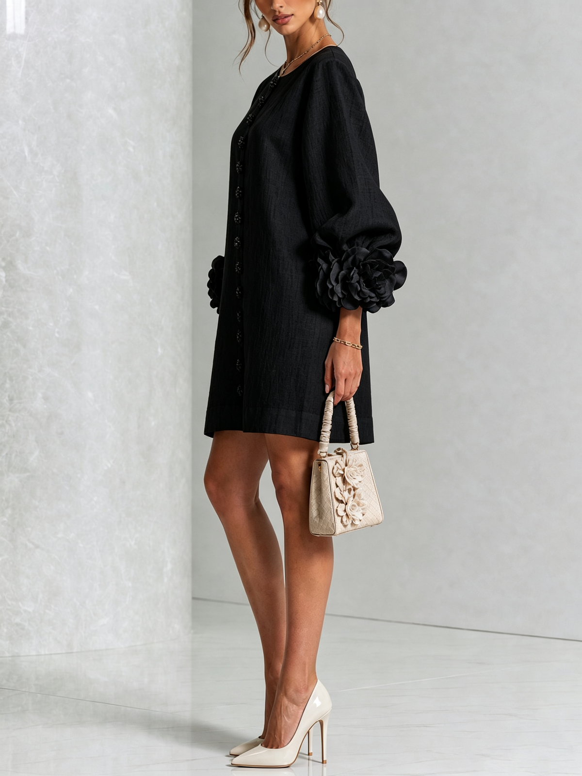 Black Floral Button-down Mini Dress With Striking Floral Cuffs