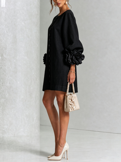 Black Floral Button-down Mini Dress With Striking Floral Cuffs