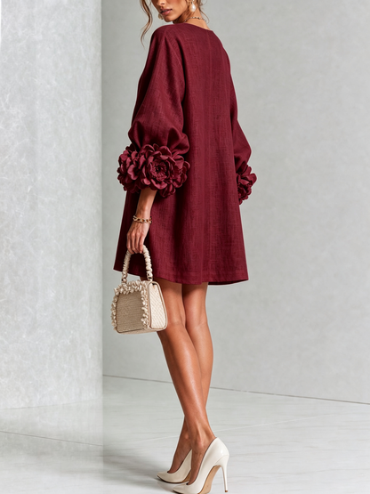 Burgundy Floral Button-down Mini Dress With Striking Floral Cuffs