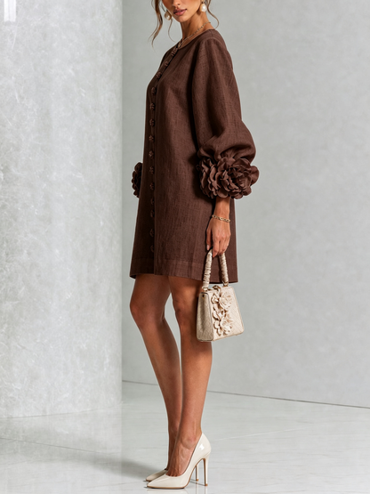 Brown Floral Button-down Mini Dress With Striking Floral Cuffs