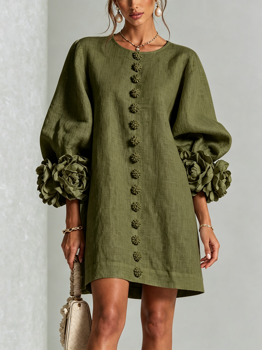 Olive green Floral Button-down Mini Dress With Striking Floral Cuffs