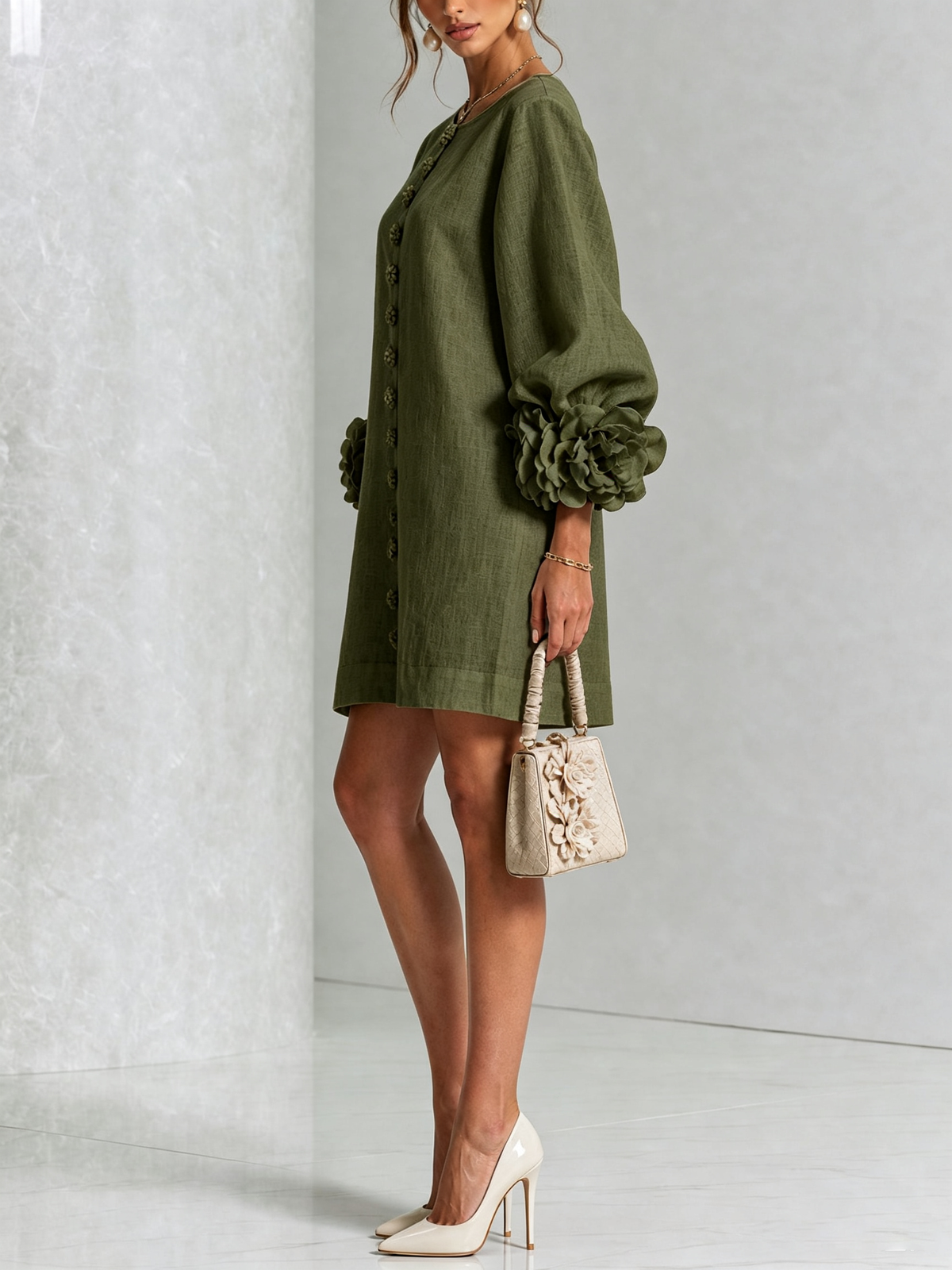 Olive green Floral Button-down Mini Dress With Striking Floral Cuffs