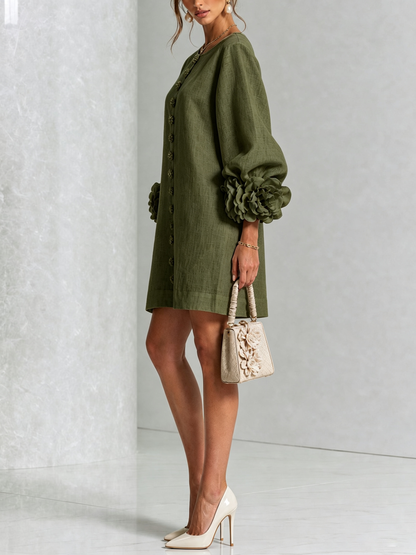 Olive green Floral Button-down Mini Dress With Striking Floral Cuffs