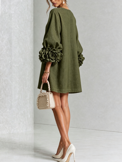 Olive green Floral Button-down Mini Dress With Striking Floral Cuffs