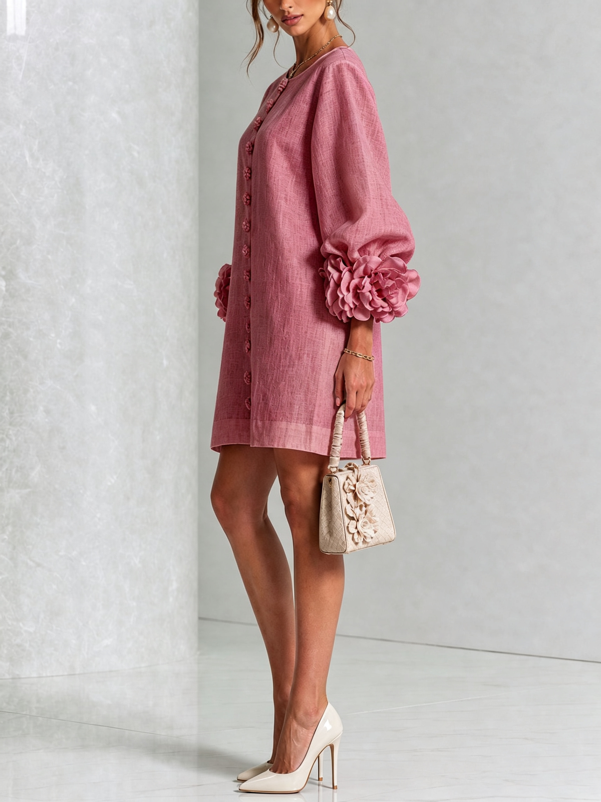 Rose Floral Button-down Mini Dress With Striking Floral Cuffs