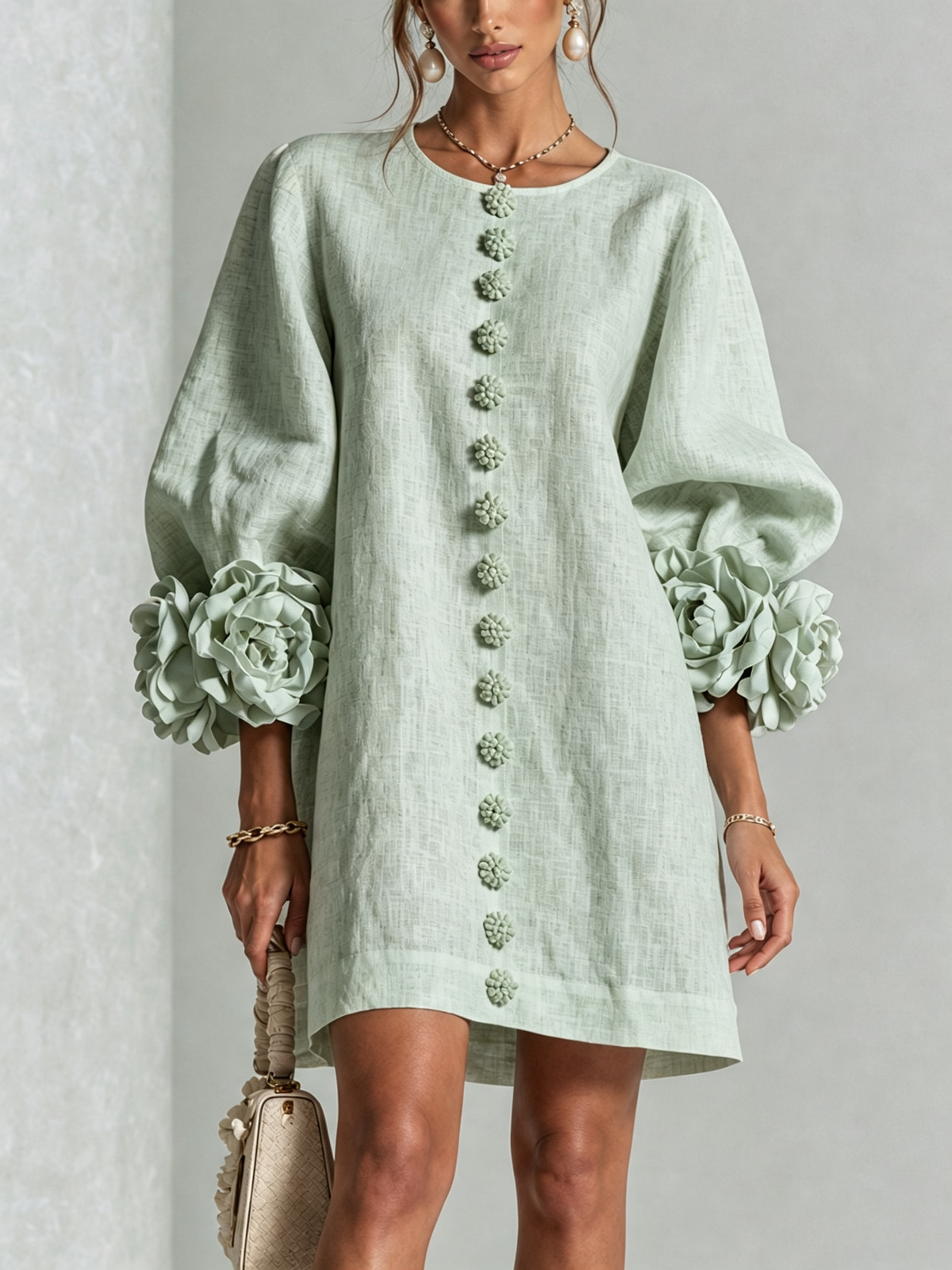 Sage Mist Floral Button-down Mini Dress With Striking Floral Cuffs