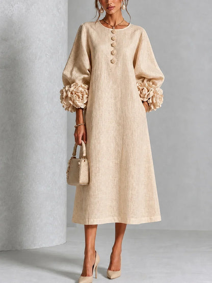 Floral Button-down Midi Dress With Striking Floral Cuffs
