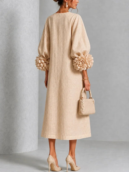 Beige Floral Button-down Midi Dress With Striking Floral Cuffs