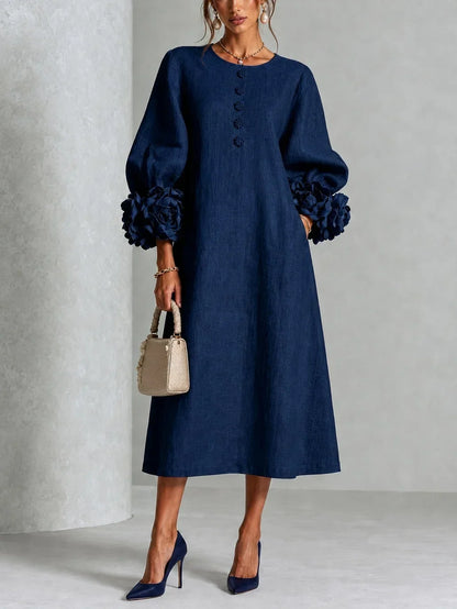 Navy Button-down Midi Dress With Striking Floral Cuffs