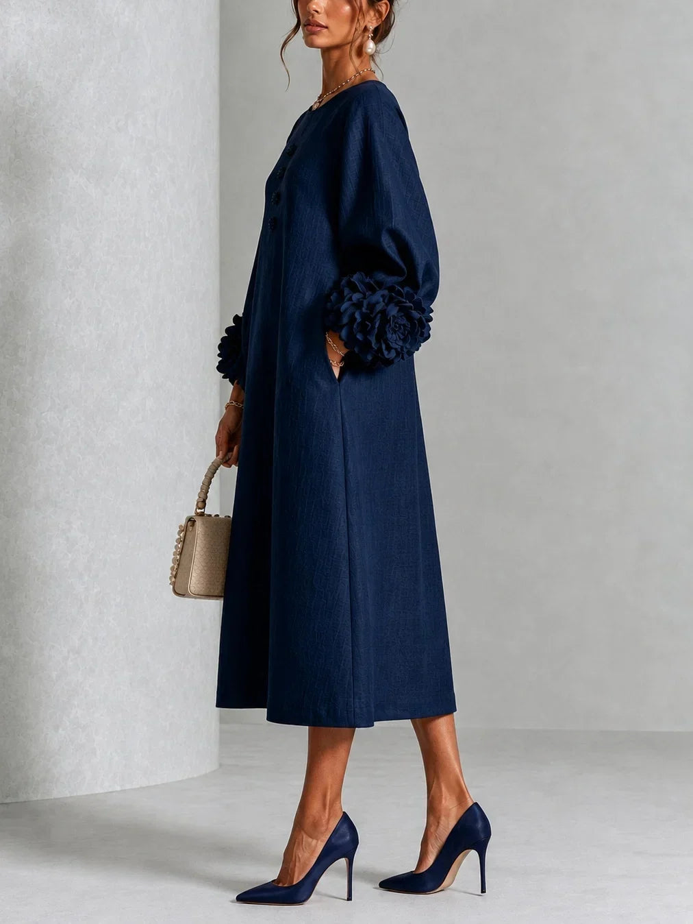 Floral Button-down Midi Dress With Striking Floral Cuffs