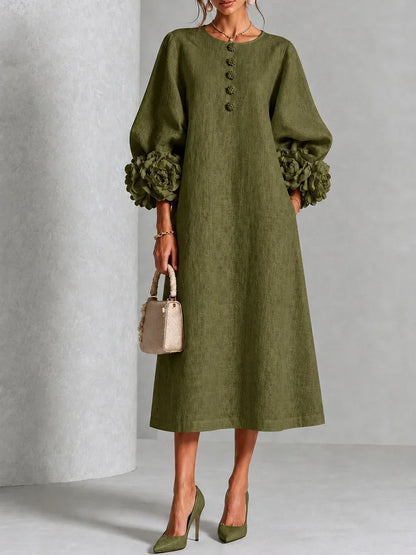 Olive Floral Button-down Midi Dress With Striking Floral Cuffs 1