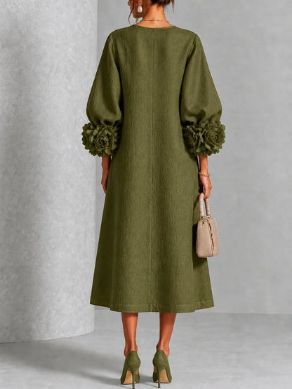 Olive Floral Button-down Midi Dress With Striking Floral Cuffs 1