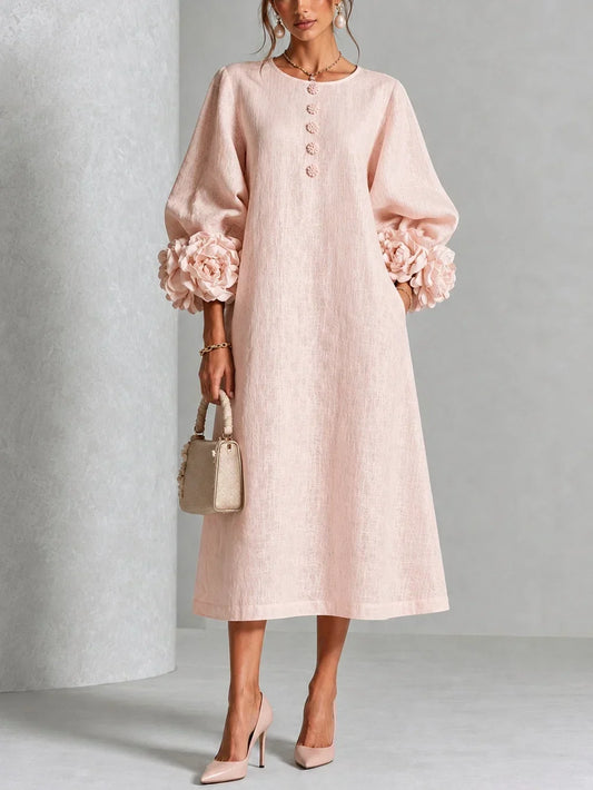 Pink Floral Button-down Midi Dress With Striking Floral Cuffs
