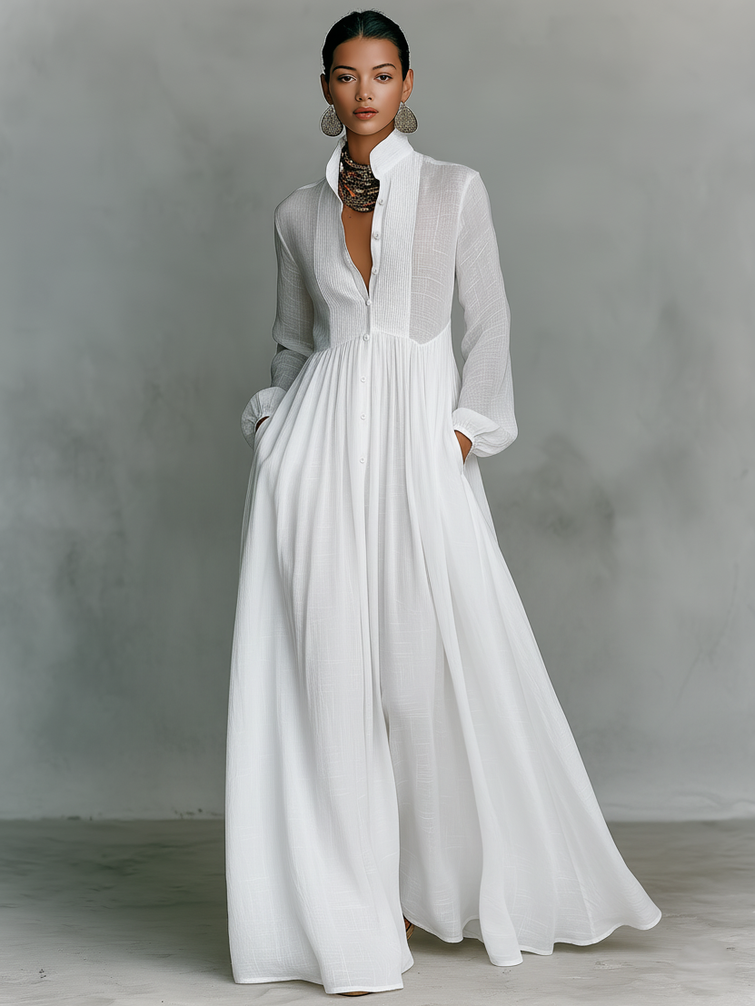 ESSENTIAL - Minimalist Maxi Dress in Cotton and Linen with Patchwork, High Collar and Long Sleeves