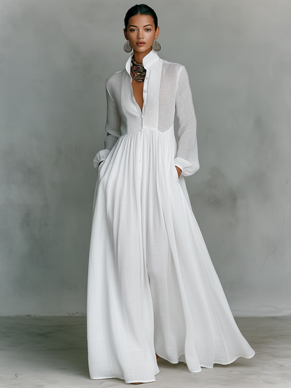 ESSENTIAL - Minimalist Maxi Dress in Cotton and Linen with Patchwork, High Collar and Long Sleeves