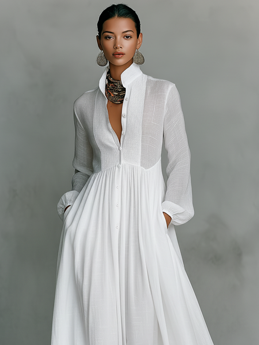 ESSENTIAL - Minimalist Maxi Dress in Cotton and Linen with Patchwork, High Collar and Long Sleeves