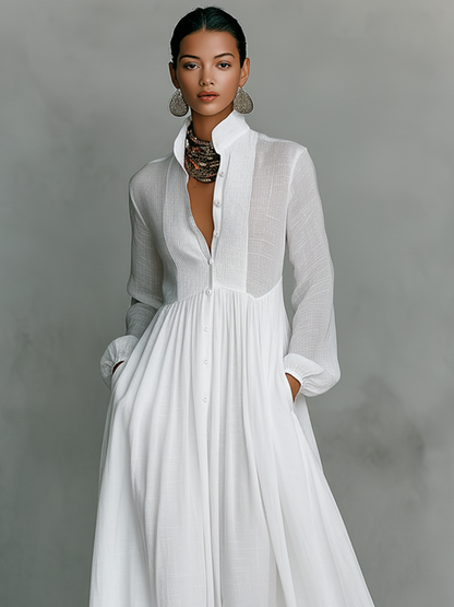 ESSENTIAL - Minimalist Maxi Dress in Cotton and Linen with Patchwork, High Collar and Long Sleeves