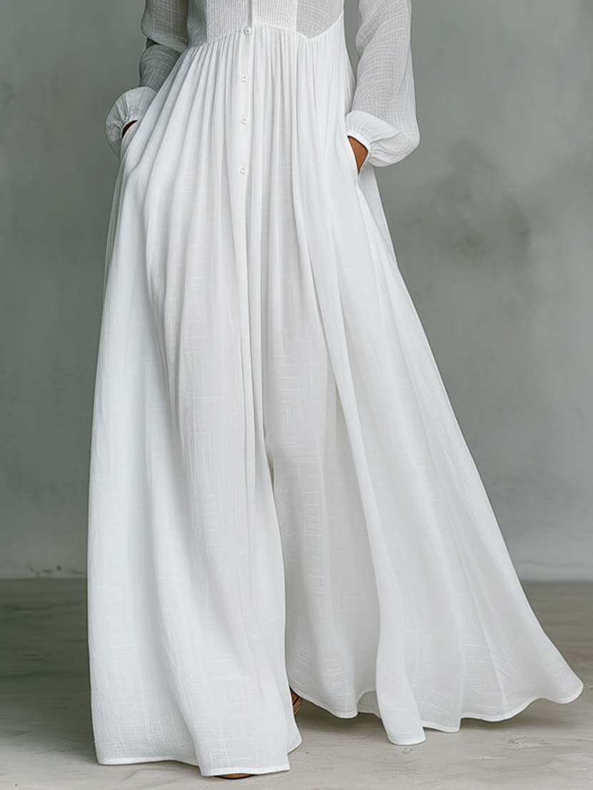 ESSENTIAL - Minimalist Maxi Dress in Cotton and Linen with Patchwork, High Collar and Long Sleeves